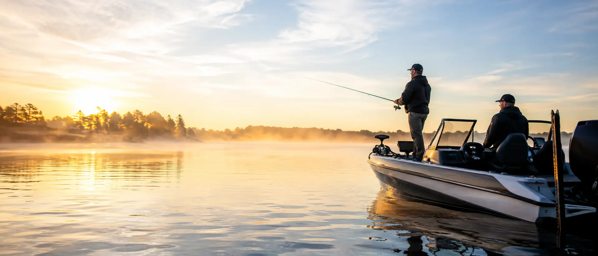 Angler holding a large smallmouth bass on Lake Simcoe at sunrise